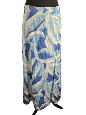 Island Company Westward Linen Maxi Skirt Blue Tropical Leaf Size 4